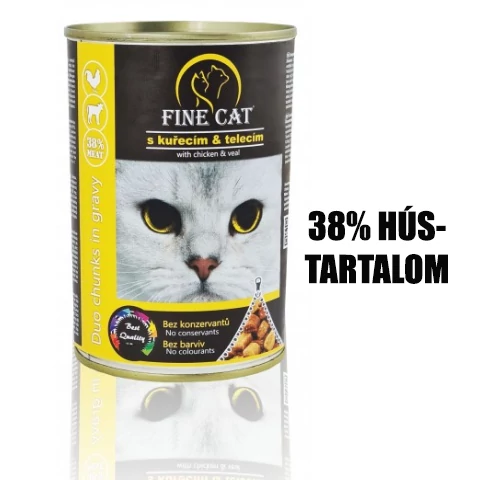 RD335 FINE CAT macskakonzerv DUO szaftos húskockák CSIRKE-BORJÚ 38%-os hústartalommal 415gr (12db/krt)