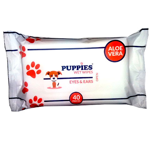 PC010 Puppies szem és fülkörnyék tisztító antibakteriális, illatos törlőkendő aloe verával 20x14cm, 40db-os (36cs/krt)